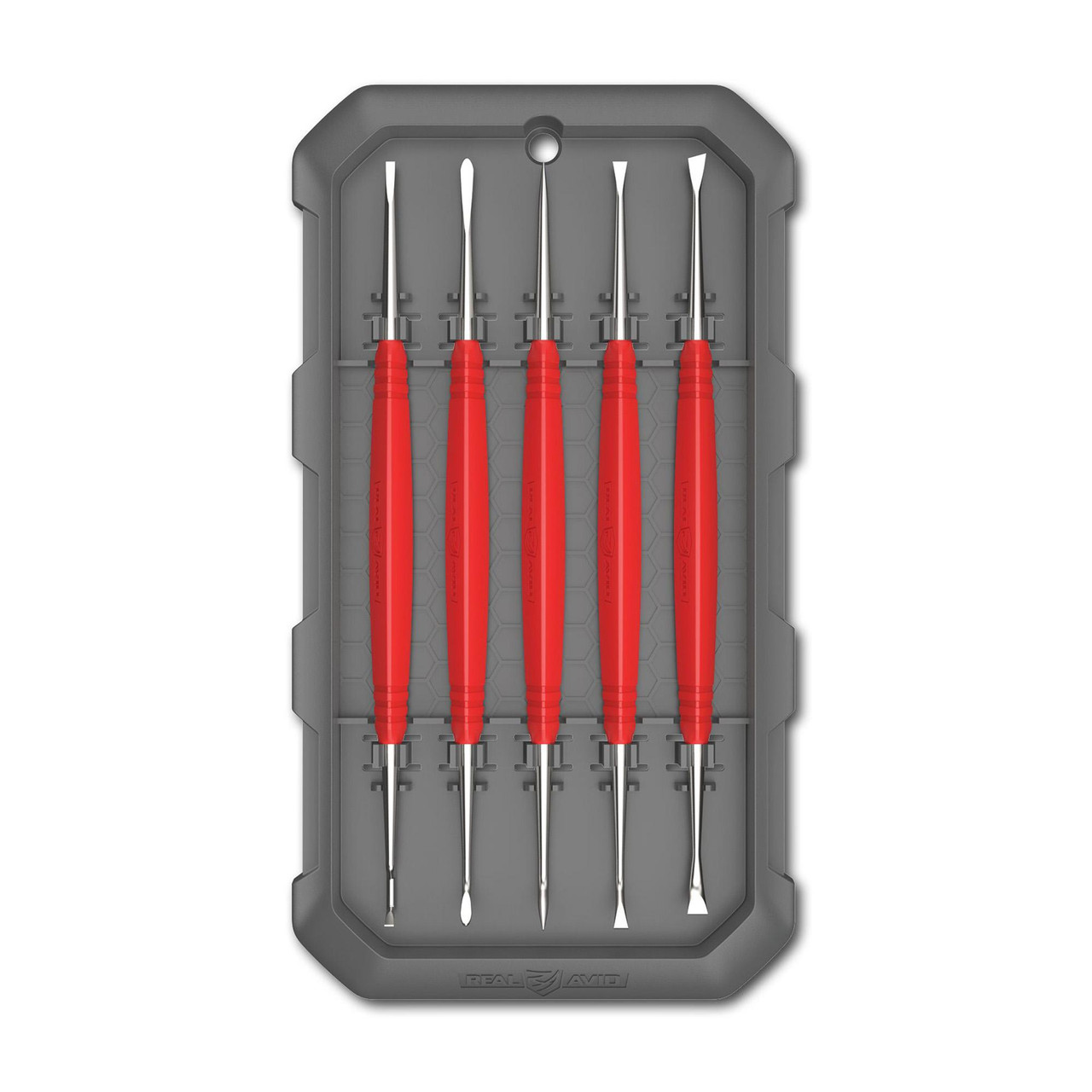 Real Avid REAL AVID ACCU-GRIP STEEL PICKS, set of five precision steel picks with red grips in a gray plastic case.
