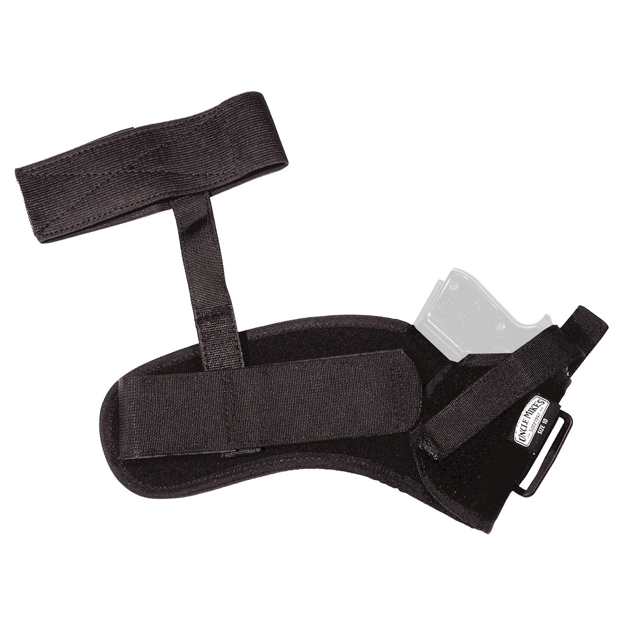 Uncle Mike's U/M ANKLE HLSTR BLACK SZ 12 RH, black ankle holster for right hand with adjustable straps and a transparent protective cover.