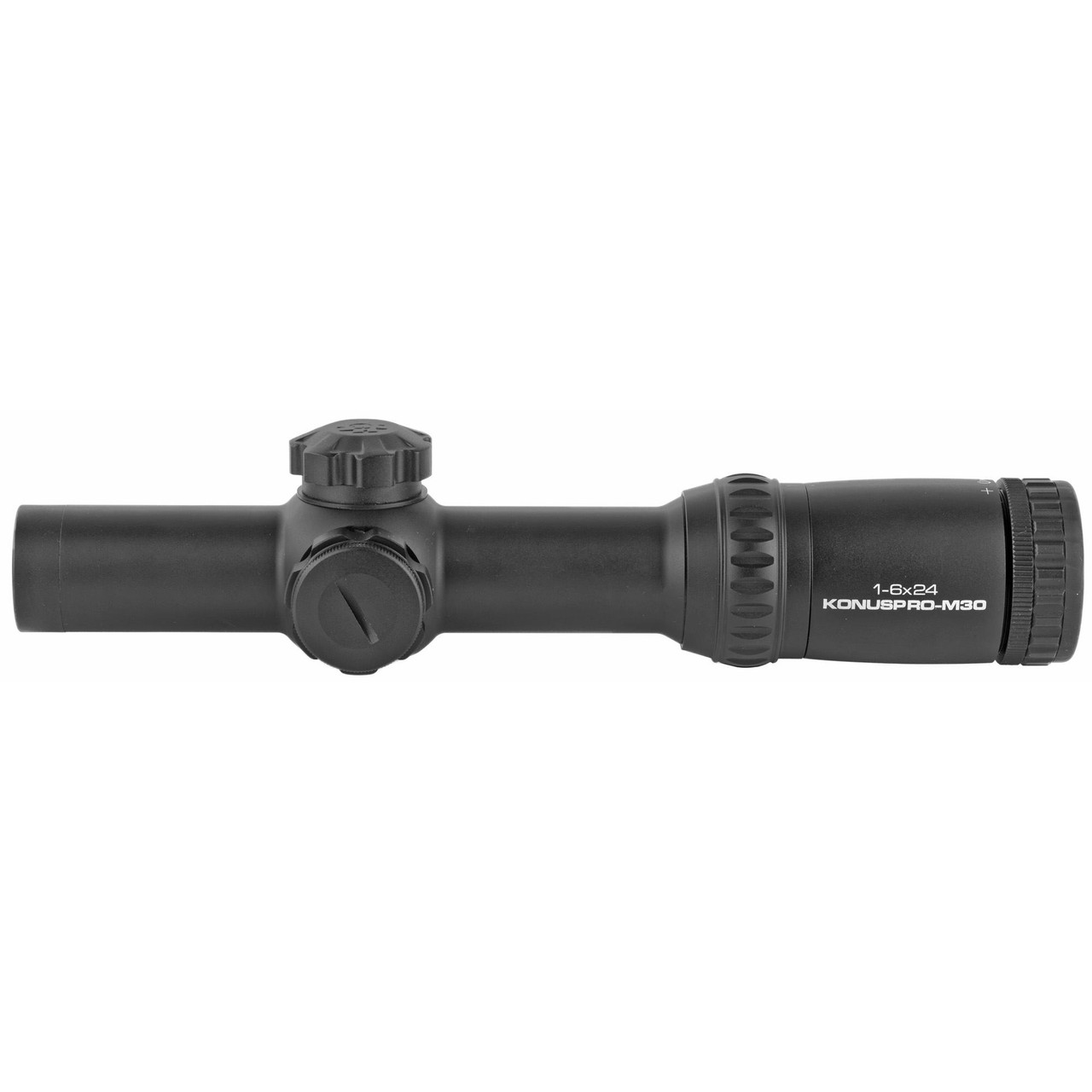 Konus KONUS KONUSPRO M30 1-6X24 CIR/DOT MB, a black riflescope with adjustable zoom and illuminated reticle for precise aiming.