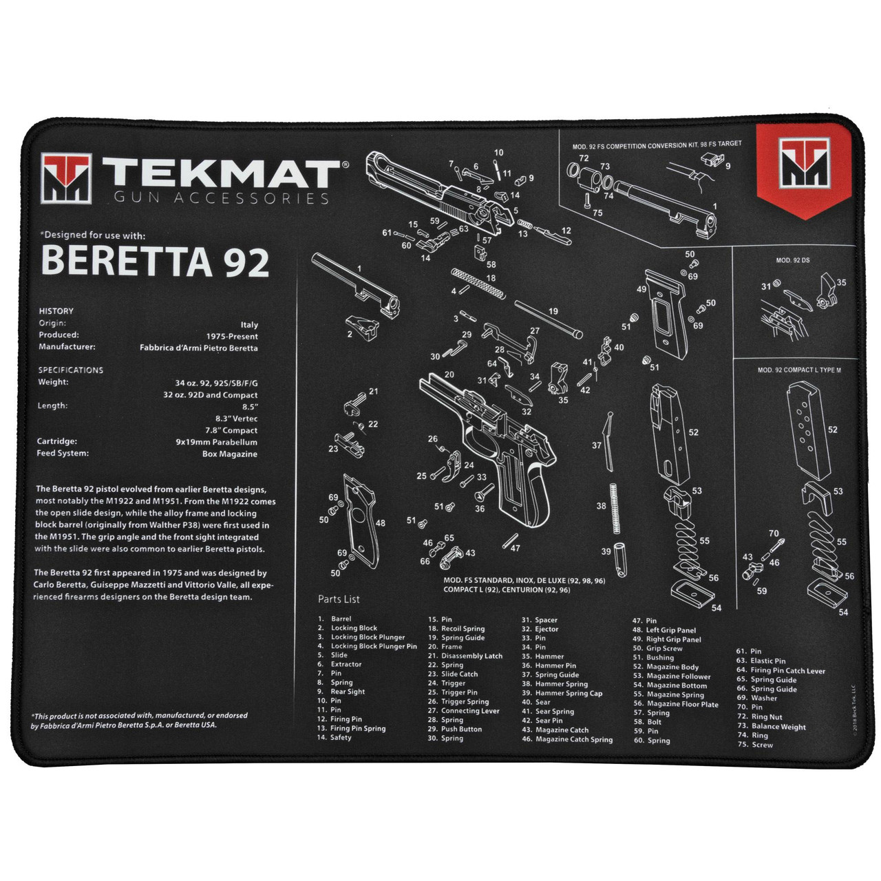 TekMat Ultra PSTL Mat Beretta 92 Black, detailed diagram of Beretta 92 firearm parts on a black background.