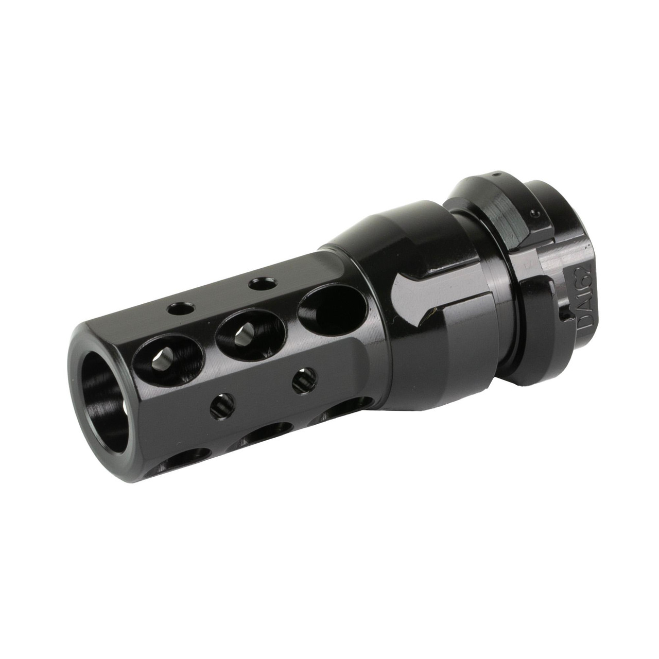 Dead Air Armament DEAD AIR KEYMO BRAKE, a black firearm muzzle brake with multiple holes for recoil reduction and noise control.