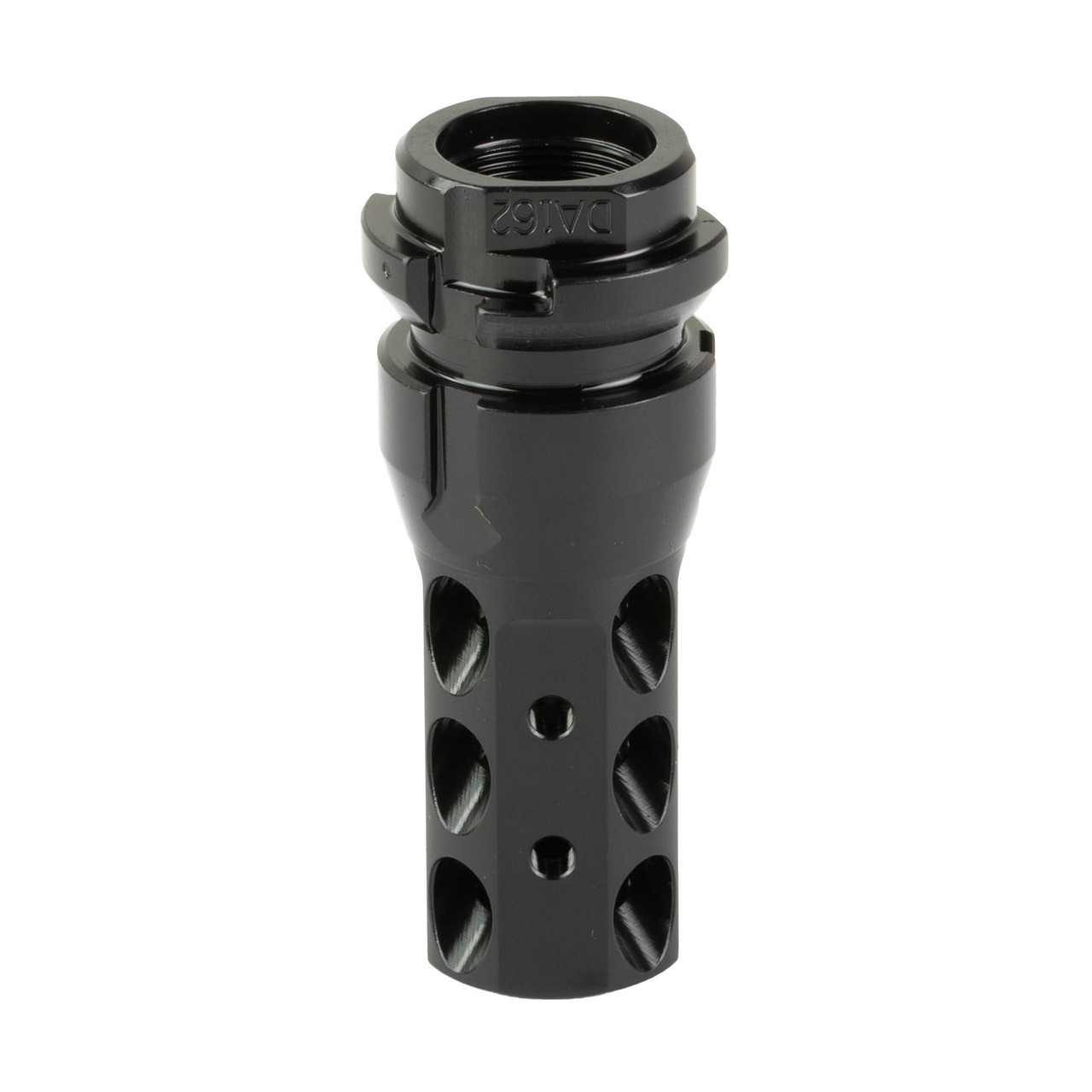 Dead Air Armament Dead Air KeyMo Brake, black firearm muzzle brake with a cylindrical shape and multiple circular vents for recoil reduction.