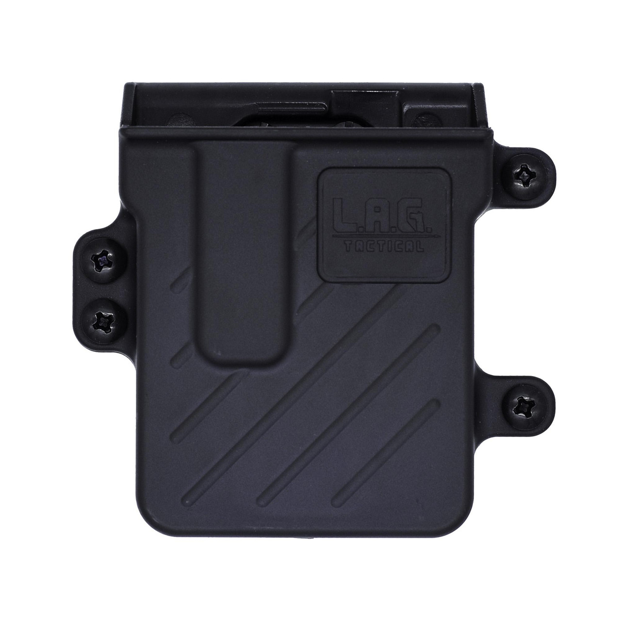 L.A.G. Tactical, Inc. LAG AR-15 PRO SRMC BLK, tactical firearm accessory or part in black with a textured surface and screws for attachment.
