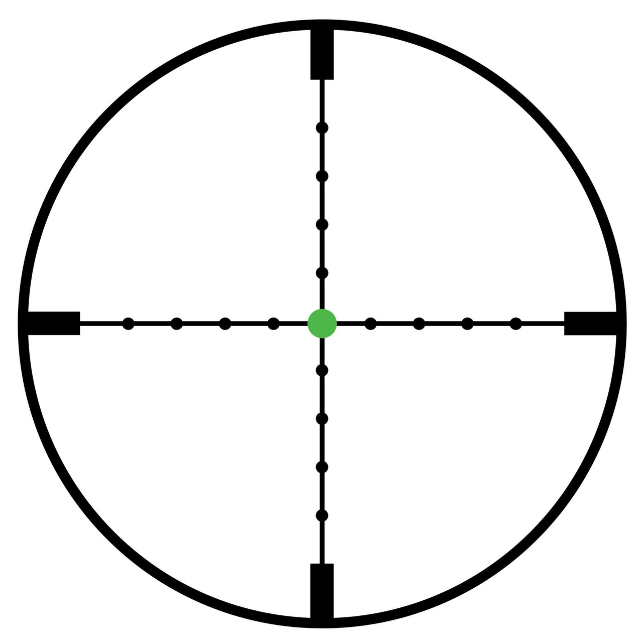 Trijicon ACCUPOINT 5-20X50 Green Dot, close-up of a rifle scope reticle with green illuminated dot and multiple measurement markings.