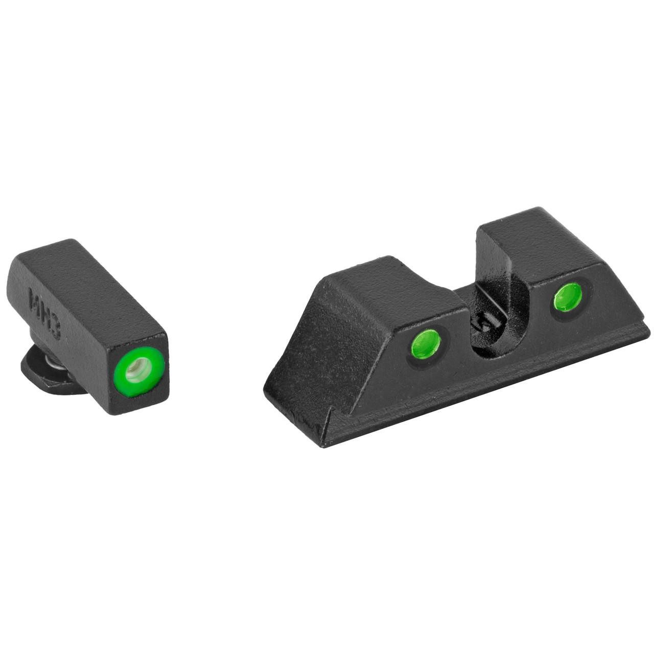 Meprolight 0402243111 Meprolt Hb For GLOCK 17/19 Green/Green Night Sights, firearm accessory with two green illuminated sight components.