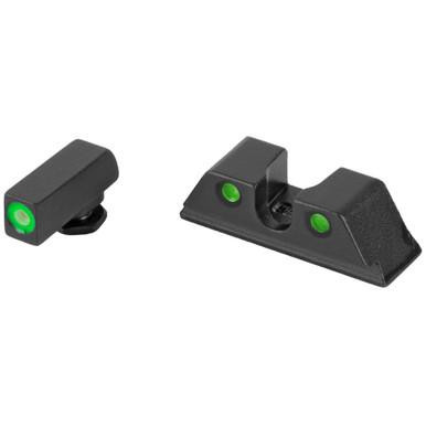 Meprolight - 0402243111 - Meprolt Hb For Glk 17/19 Grn/grn, image showing green illuminated sights for Glock 17 and 19 pistols with compact and sight mount components.