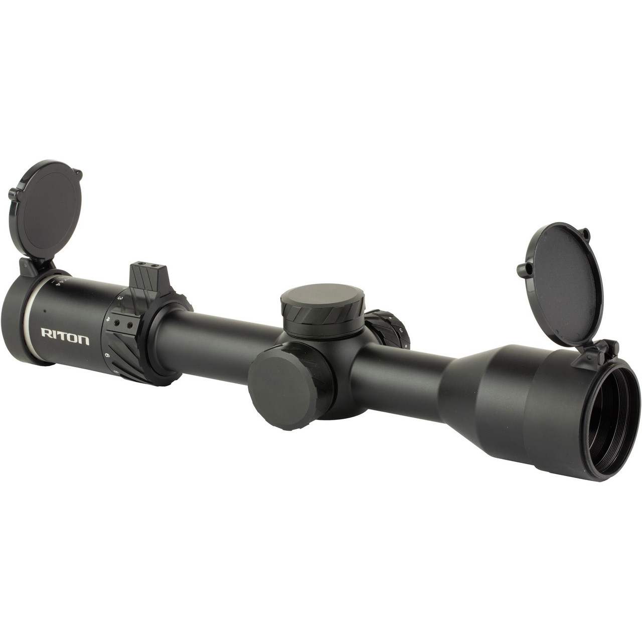 Riton Optics RITON 5 PRIMAL 2-12X44 SFP MOA RDH rifle scope, black long-range tactical scope with adjustable zoom and lens covers.
