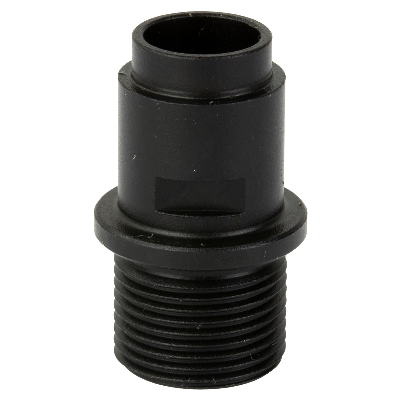 Dead Air Armament DEAD AIR THRD ADPTR WLTHR P22 1/2X28, close-up of a black threaded firearm accessory adapter with a flanged base and multiple ridges for attachment.
