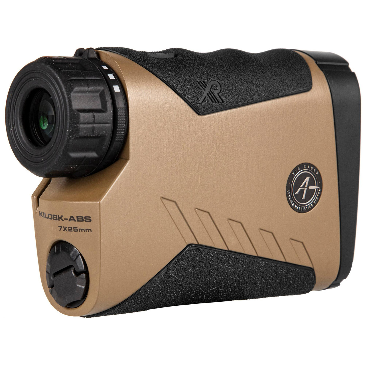 Sig Sauer SIG KILO8K-ABS RNG FNDR 7X25MM, a tactical laser rangefinder with a tan and black design, adjustable focus dial, tactile grip surface, and compact ergonomic shape.
