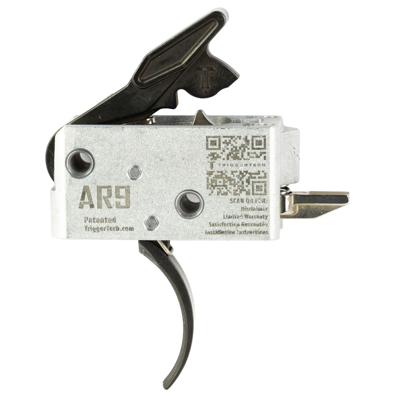 TriggerTech TRIGRTECH AR9 2STG DUTY CURVE 3.5LB, a firearm trigger with a metallic body and a black curved trigger, featuring QR code and branding on the side.