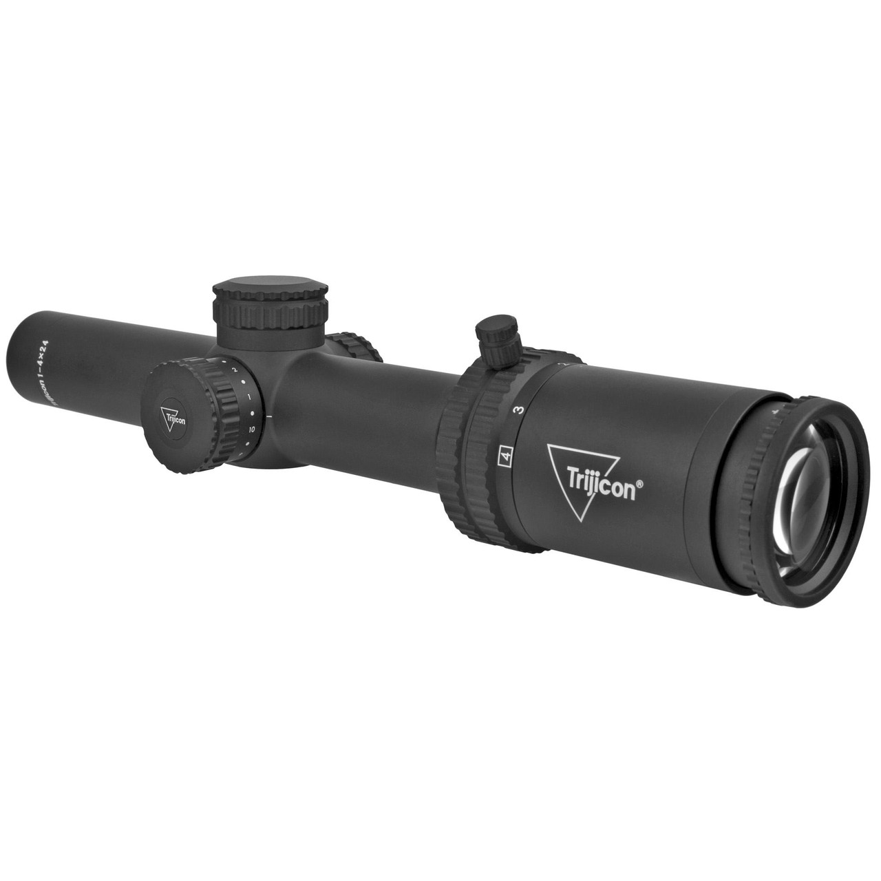 Trijicon Credo 1-4X24 SFP BDC Red - Black tactical riflescope with adjustable zoom and illuminated reticle for precision targeting.