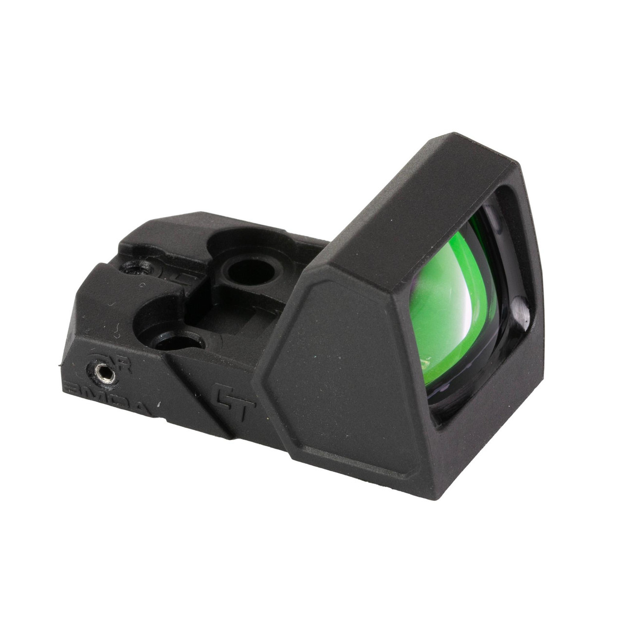 Crimson Trace Corporation CTC RAD MICRO PRO CARBON RED DOT, compact red dot sight with green lens and black housing.