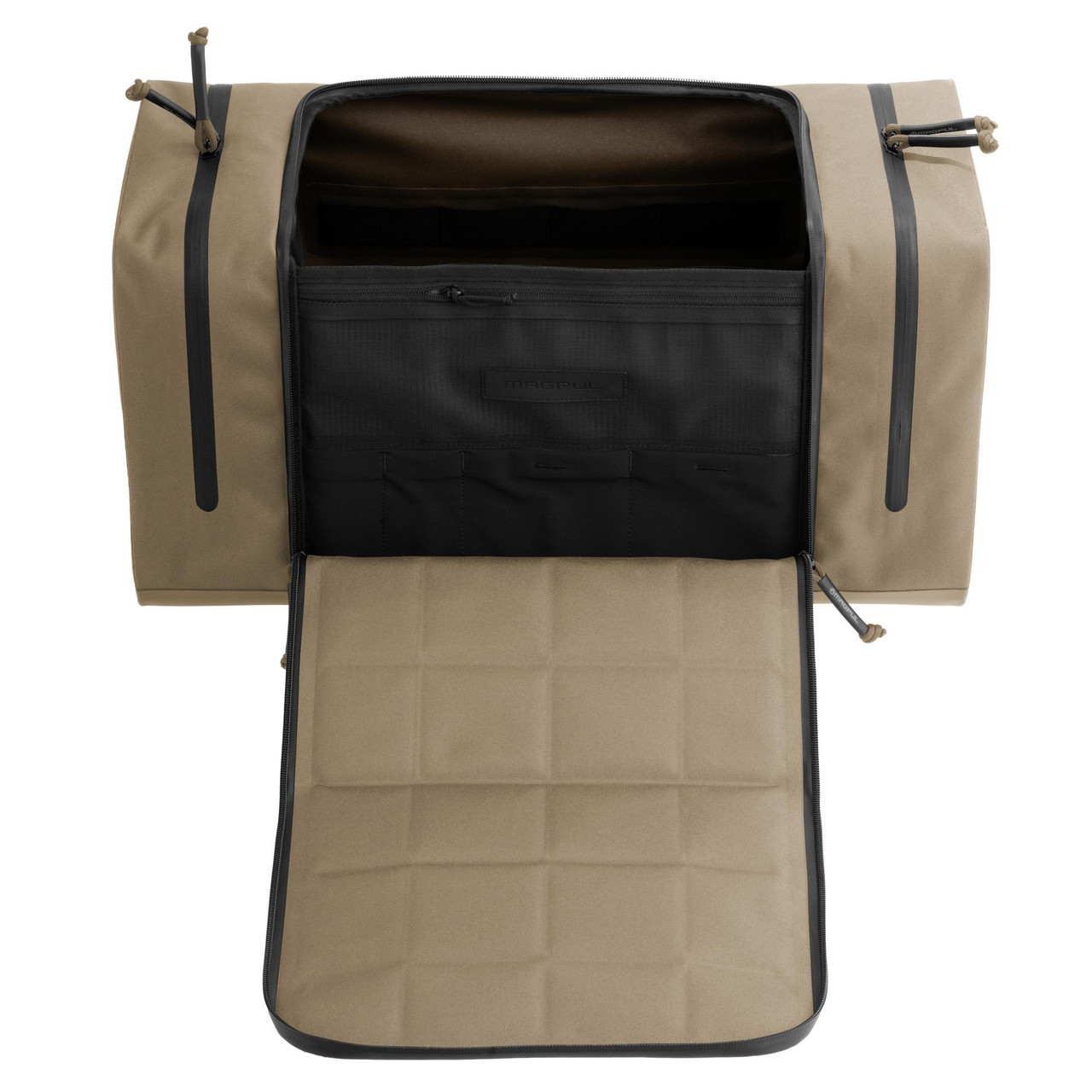 Magpul Industries MAGPUL DAKA RANGE BAG LARGE FDE, large tan and black range bag with compartments and zippers for firearm accessories.