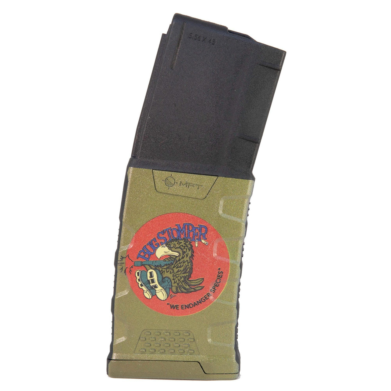 Mission First Tactical EXDPM556D-ABS, magazine with a comic-style sticker of a bird and the words 'BIG STOMPER' and 'We Endanger Species'