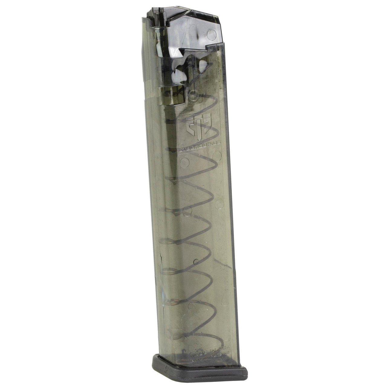 Elite Tactical Systems Group SMK-GLK-9-170: 27-Round Glock Magazines with Enhanced Durability & Clear Design, showcasing a transparent magazine for Glock firearm.