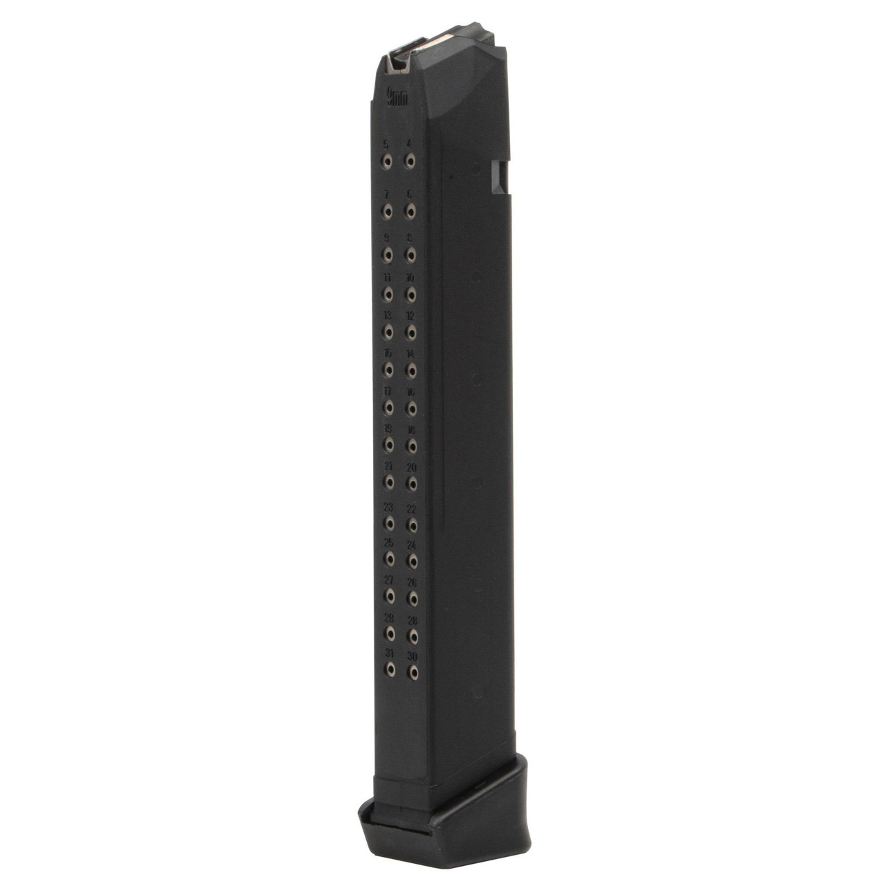 Derya D050168 DY9 9mm 33-Round Extended Capacity Magazine, durable polymer and steel construction, designed for firearms, shown in black with numbered round capacity indicator.