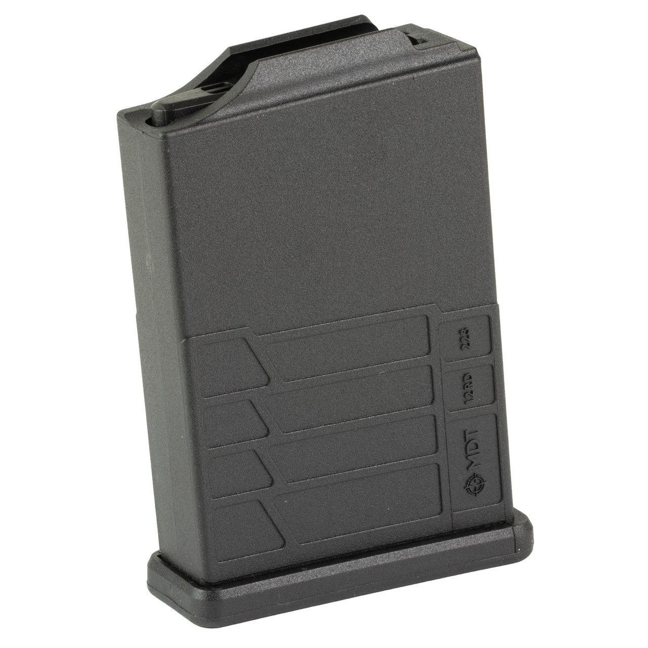 MDT 106541-BLK Polymer AICS Box Magazine for TAC21, ACC, LSS-XL, and More - Reliable, Easy-to-Load, Quiet Magazine, black polymer magazine standing upright with textured surface and marked with model details.