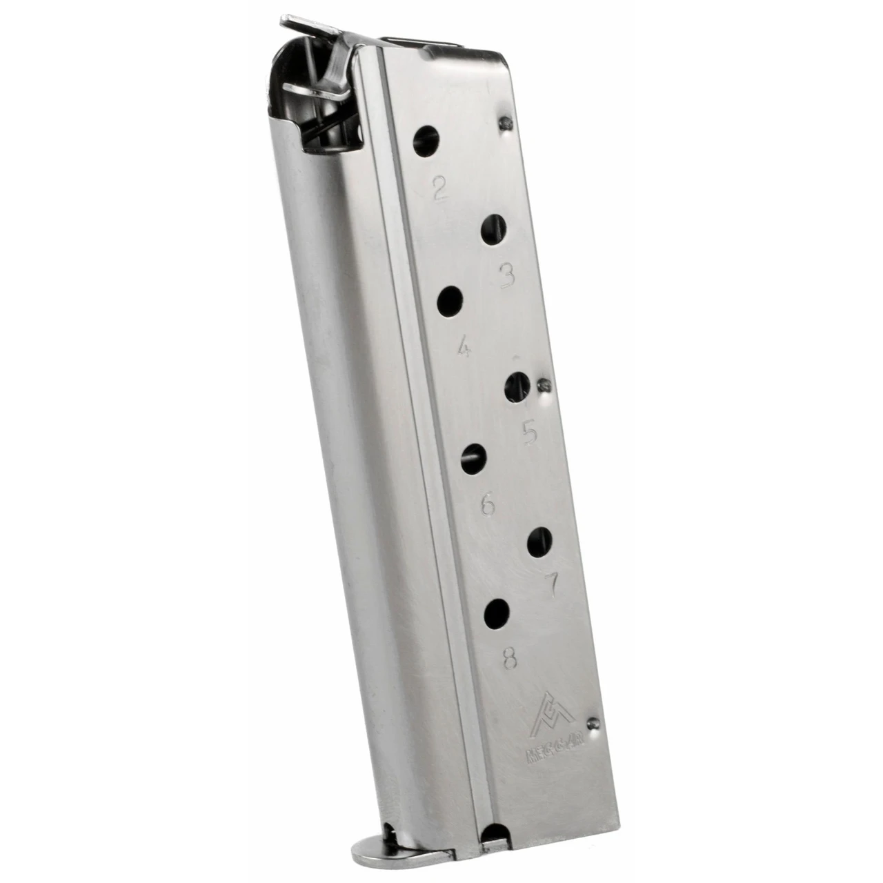 Mec-Gar USA MGCGOV40N 1911 Full Size Magazine for .40 S&W, precision engineered and reliable performance, shown in a close-up image of the stainless steel magazine with numbered capacity indicators.