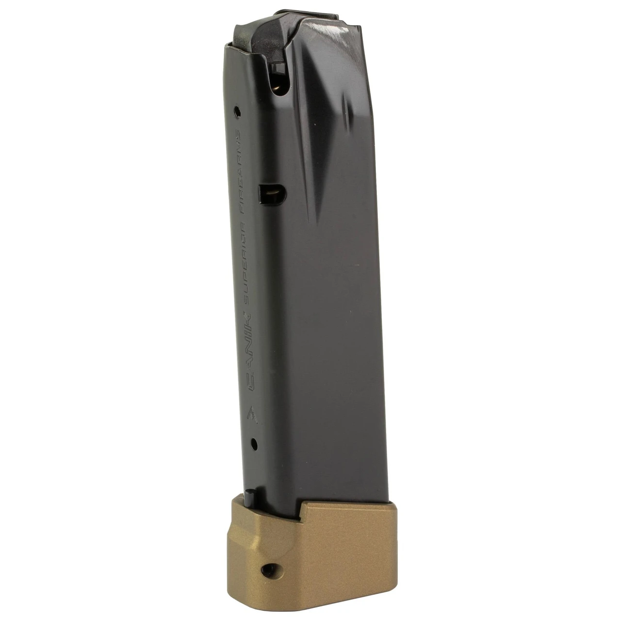 Canik MA2363 TTI Combat 9mm 18-Round Magazine, durable steel design with plus 3 extension, shown standing upright with a black finish and a tan extension base.