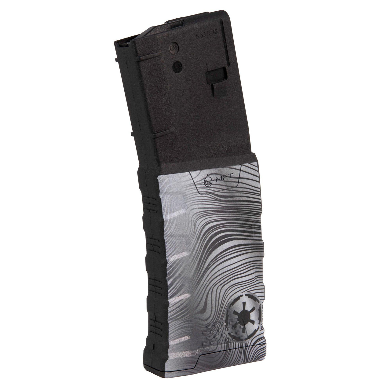 Mission First Tactical EXDPM556D-BSKR Beskar Graphic AR15/M4 Magazine, durable long glass fiber polymer design with oversized bolt catch, featuring a black and silver Beskar-themed graphic pattern.