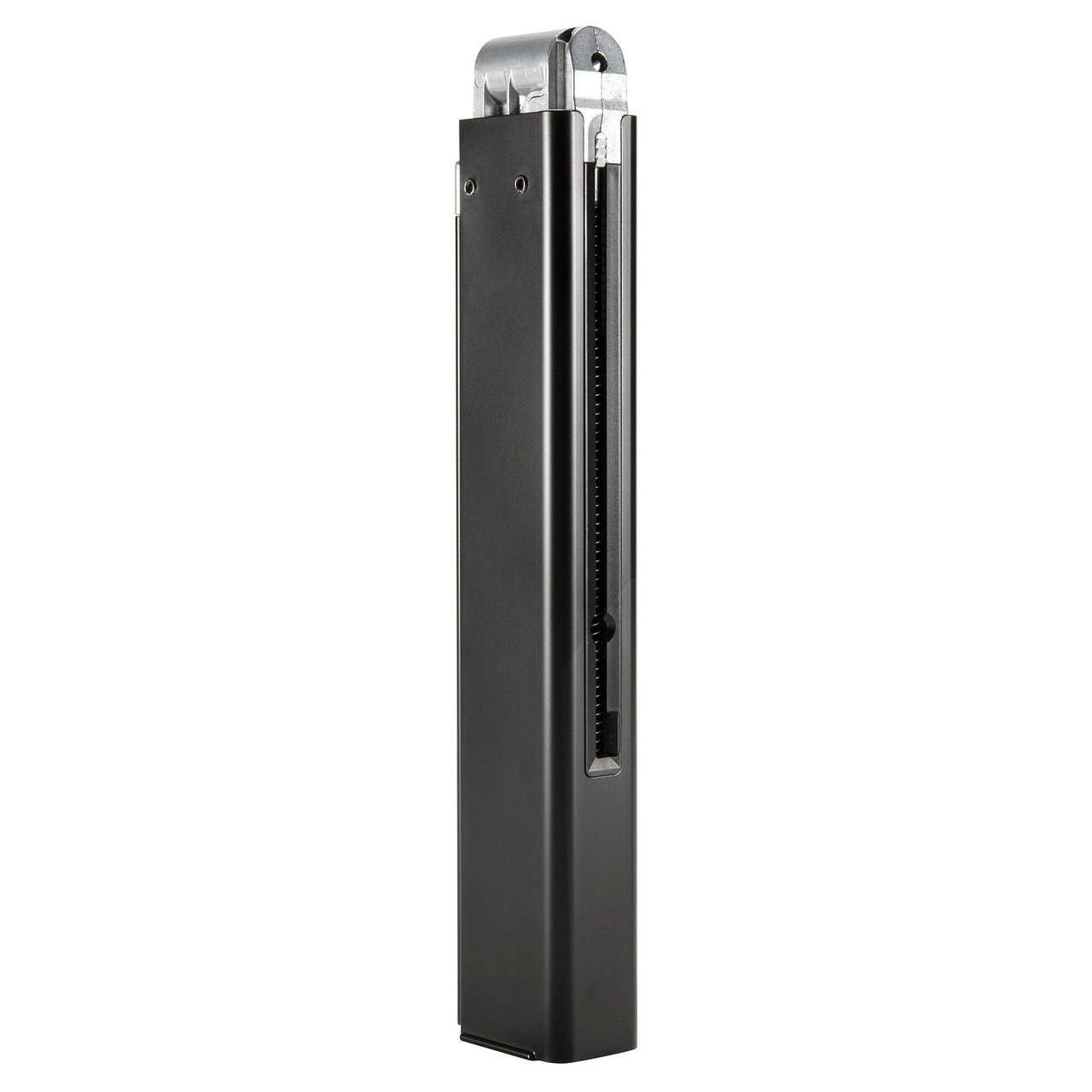 Umarex 2251821 Legends M1A1 Spare Magazine - 30-Round .177 BB Holder with CO2 Cartridge Compatible & Allen Key Included, vertical view of the black and silver extended magazine for airsoft guns with loading mechanism