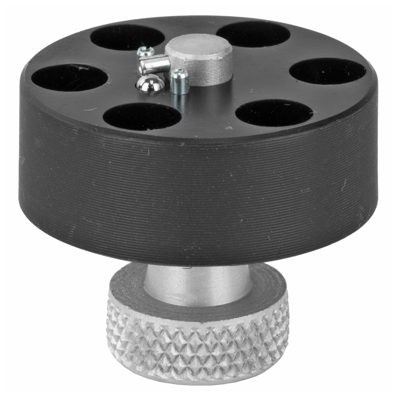 HKS Speed Loaders 22K - Quick & Efficient Revolver Cartridge Loader with Secure Twist Knob Design, black circular loader with multiple holes for cartridges and a silver twist knob for secure handling.