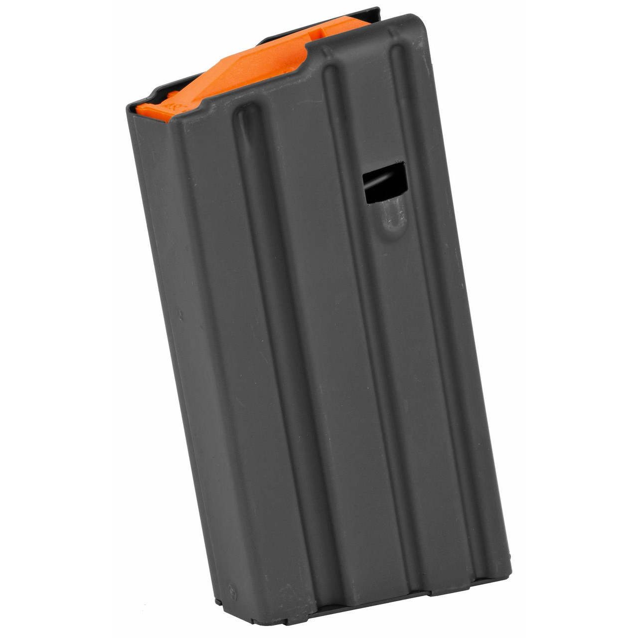 Ammunition Storage Components 20-223-SS-BM-O-ASC, black metal ammo magazine with orange follower for rifle bullets.