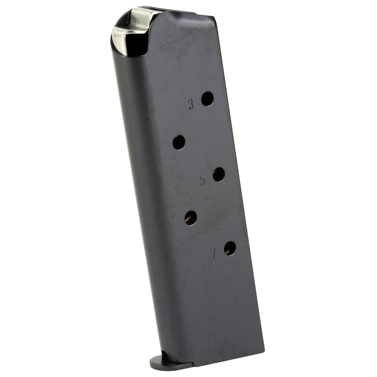 KCI USA KCI-MZ038 1911 .45 ACP Steel Magazine - 7 Round Capacity with Durable Electroplated Finish, showing a close-up of a black magazine with multiple round capacity markings.