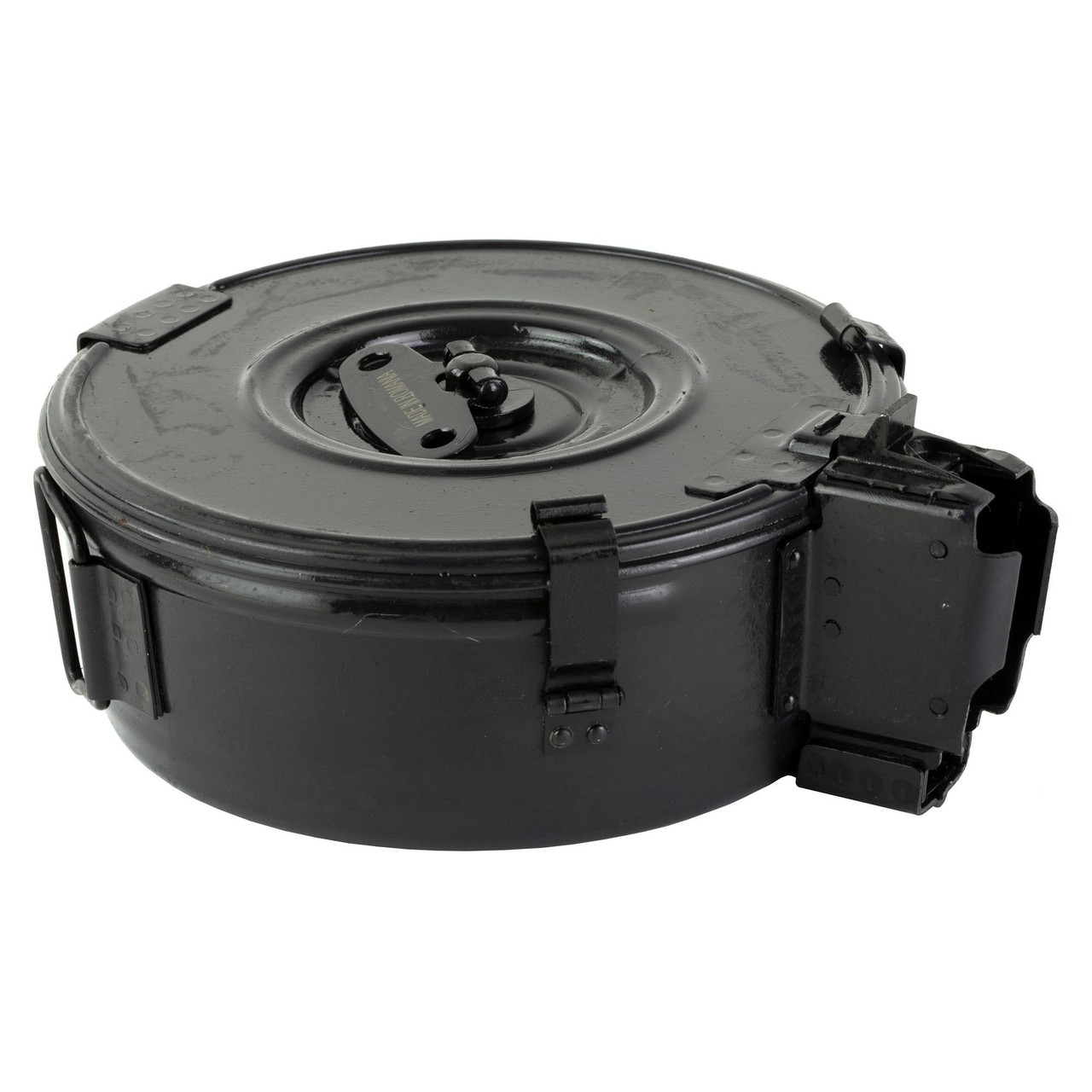 Century Arms MAAK78B AK-47 75-Round Drum Magazine, Durable Steel, Easy Load, Double Stack Compatible, black metal drum magazine with locking mechanism.