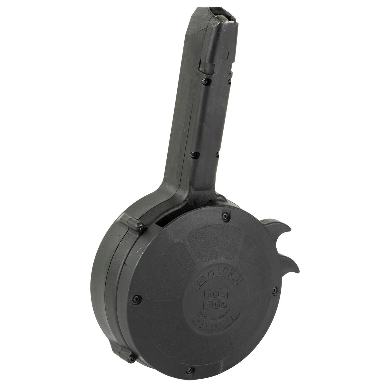 KCI USA KCI-MZ027 50-Round Drum Magazine for Glock 17, 19, 34 - High Carbon Steel & Polymer, high-capacity drum magazine for Glock pistols, black color, rugged design for extended shooting sessions.