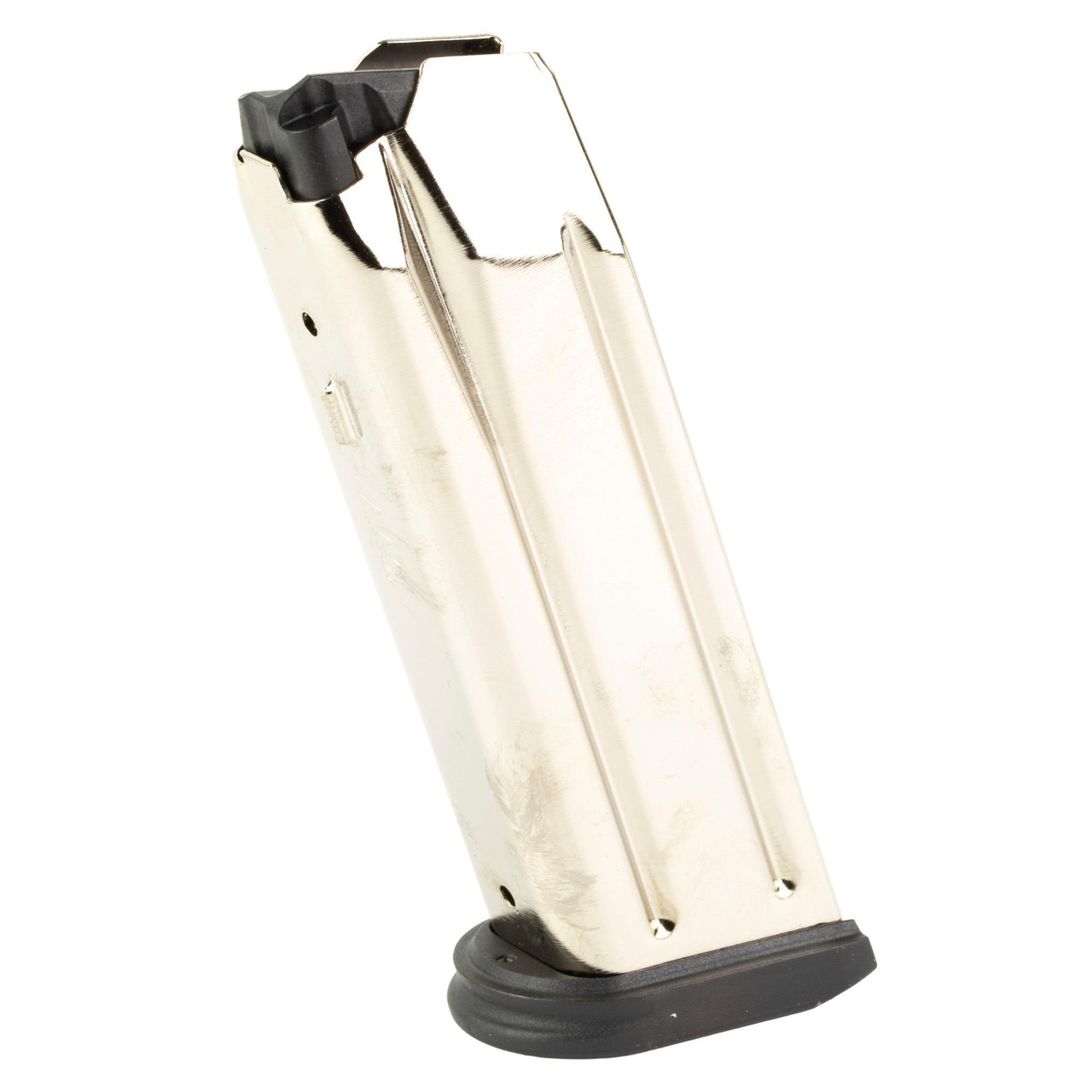 FN America 20-100719 10MM Magazine for FN 510 - Durable 15-Round Capacity with Nickel Coated Design, a metallic magazine with black top and a nickel finish, featuring a black base plate and designed for firearm ammunition storage.