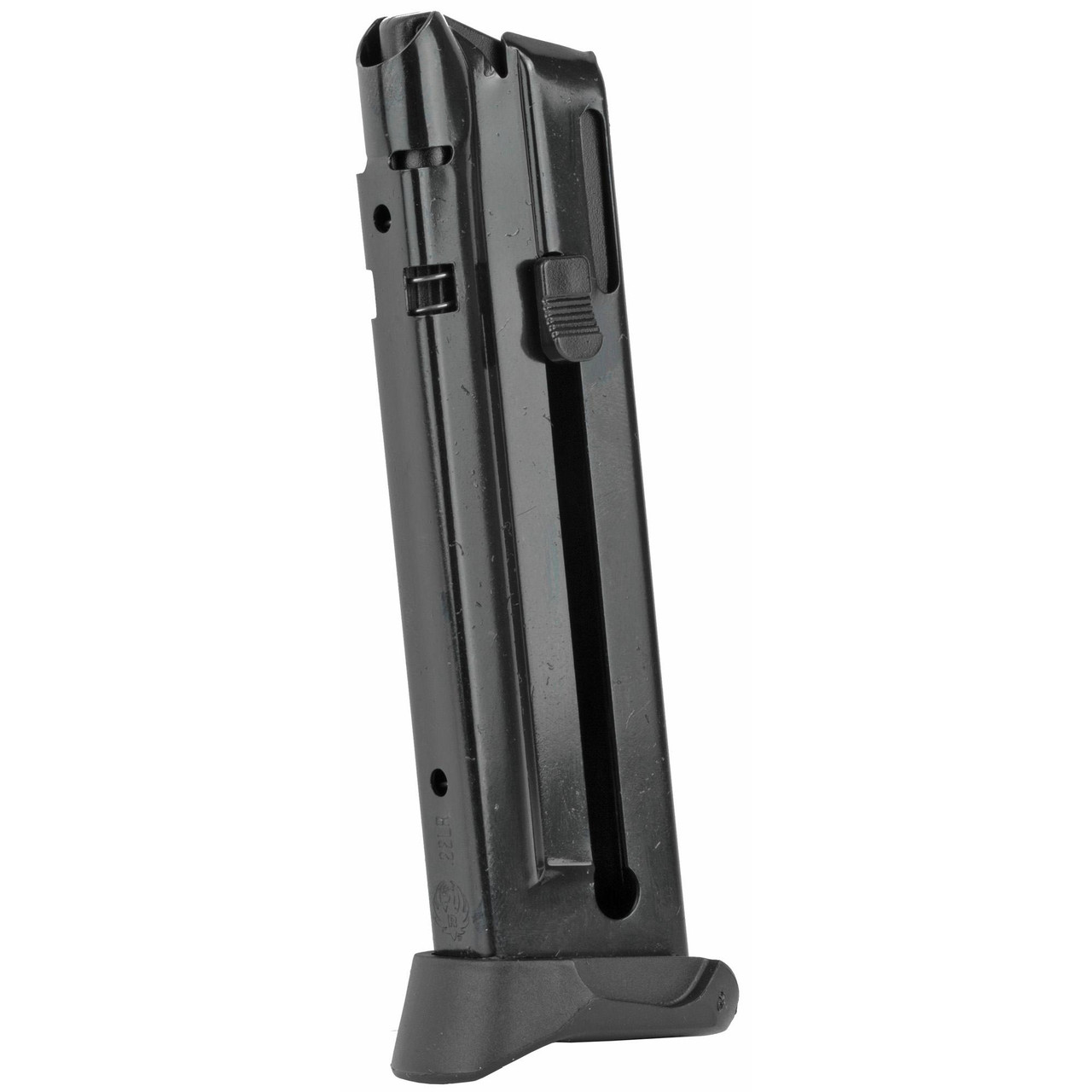 Ruger 90382 10-Round Factory Magazine, durable steel body and polymer base plate for reliability, shown in a close-up image.