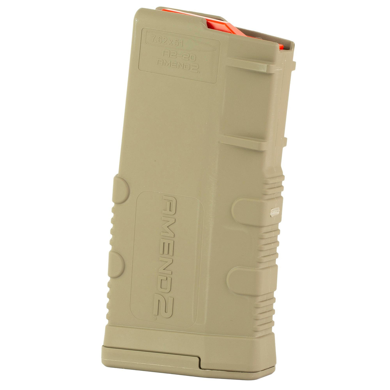 Amend2 762MOD2FDE20, tactical magazine for firearms with a tan color and textured grip design.