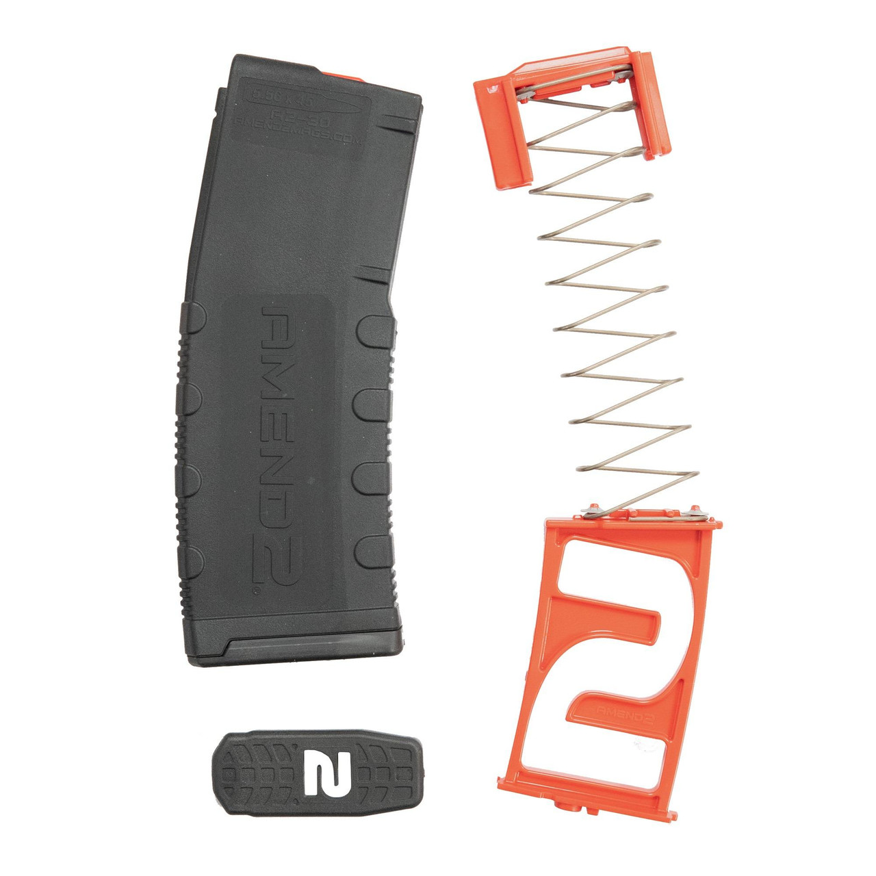 Amend2 556MOD2B1030, firearm magazine with orange spring loader and black magazine baseplate.