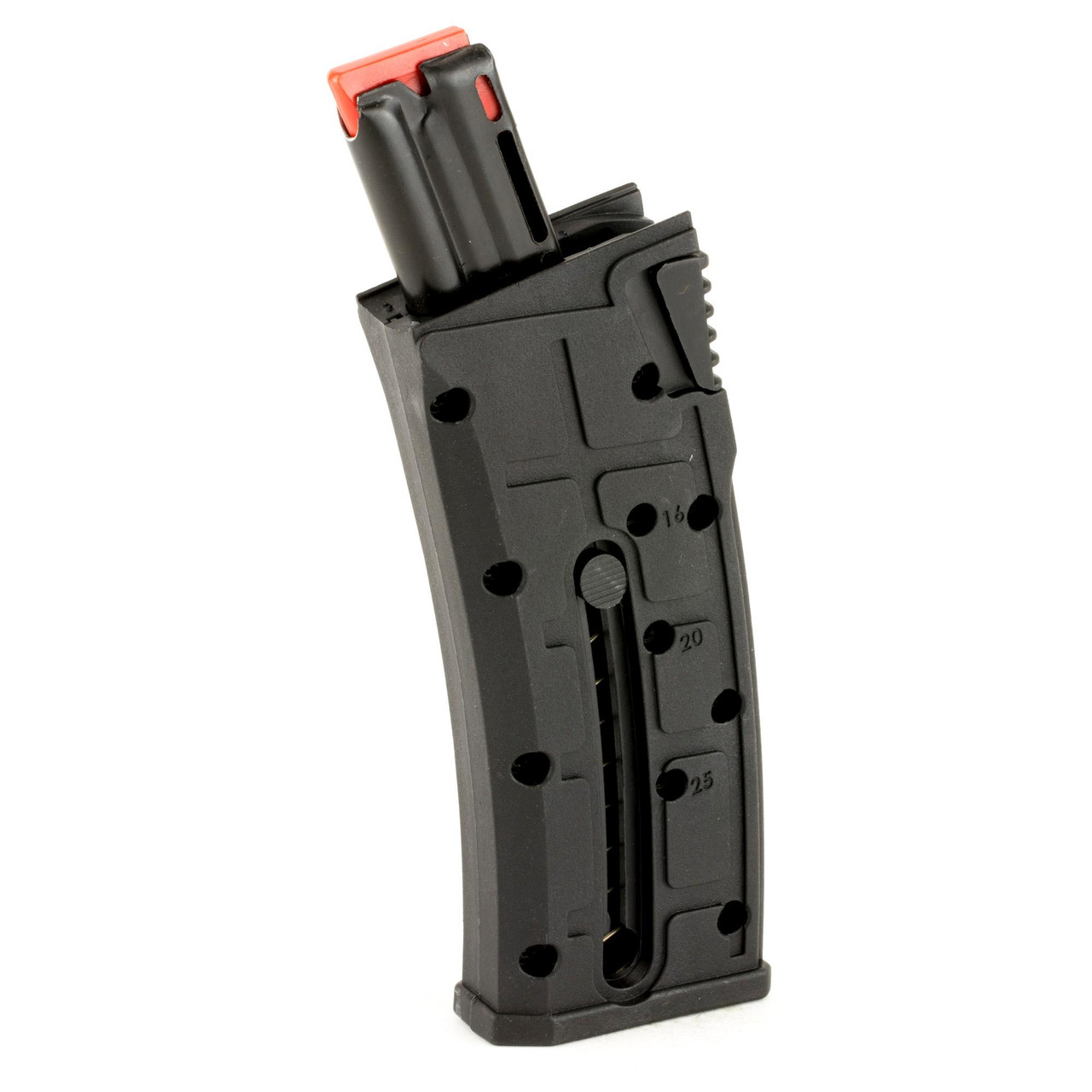 Mossberg 95725, firearm magazine with a black body and red-tipped top, designed for Mossberg shotguns.