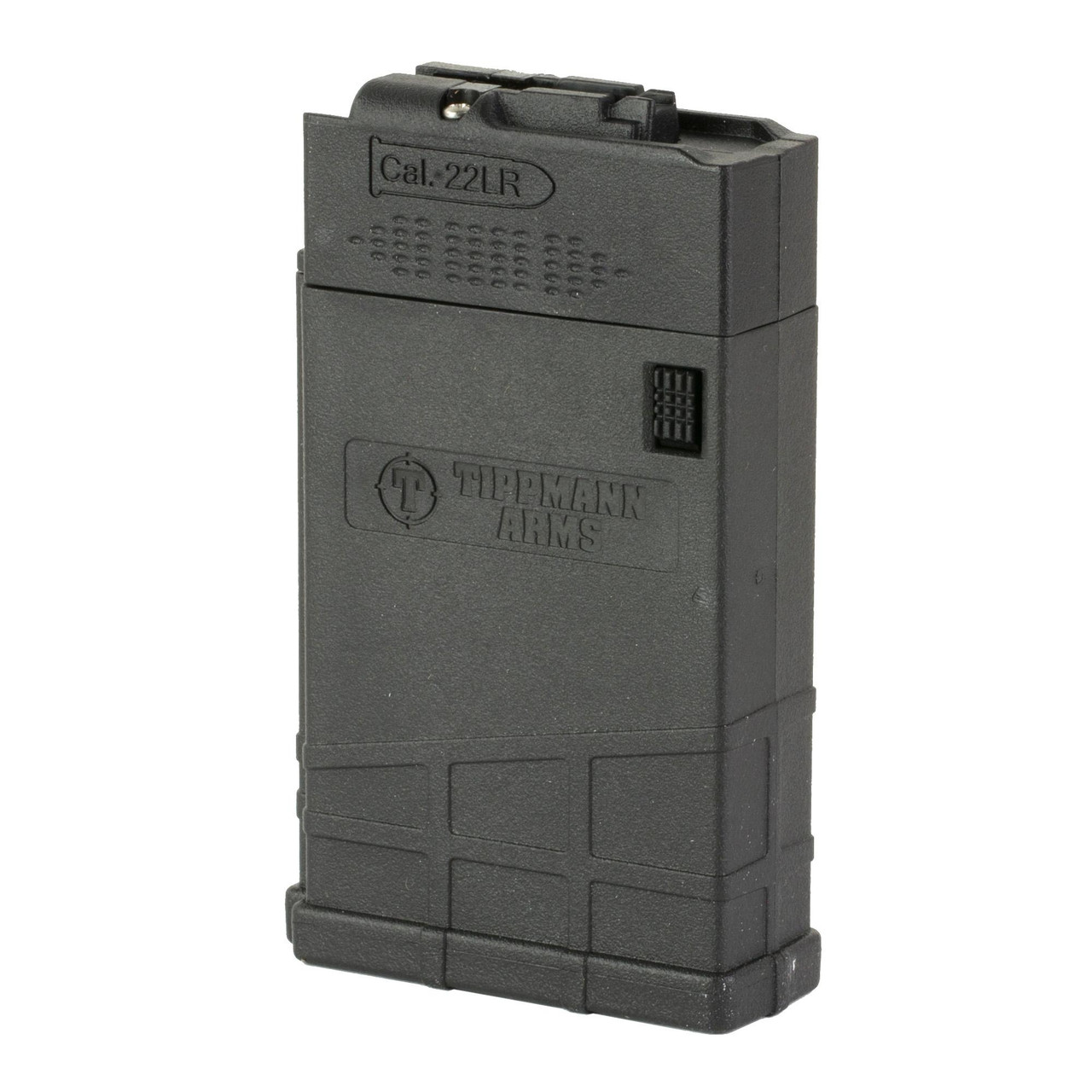 Tippmann Arms Company A201065, firearm magazine in black with textured grip and Cal. 22LR marking.