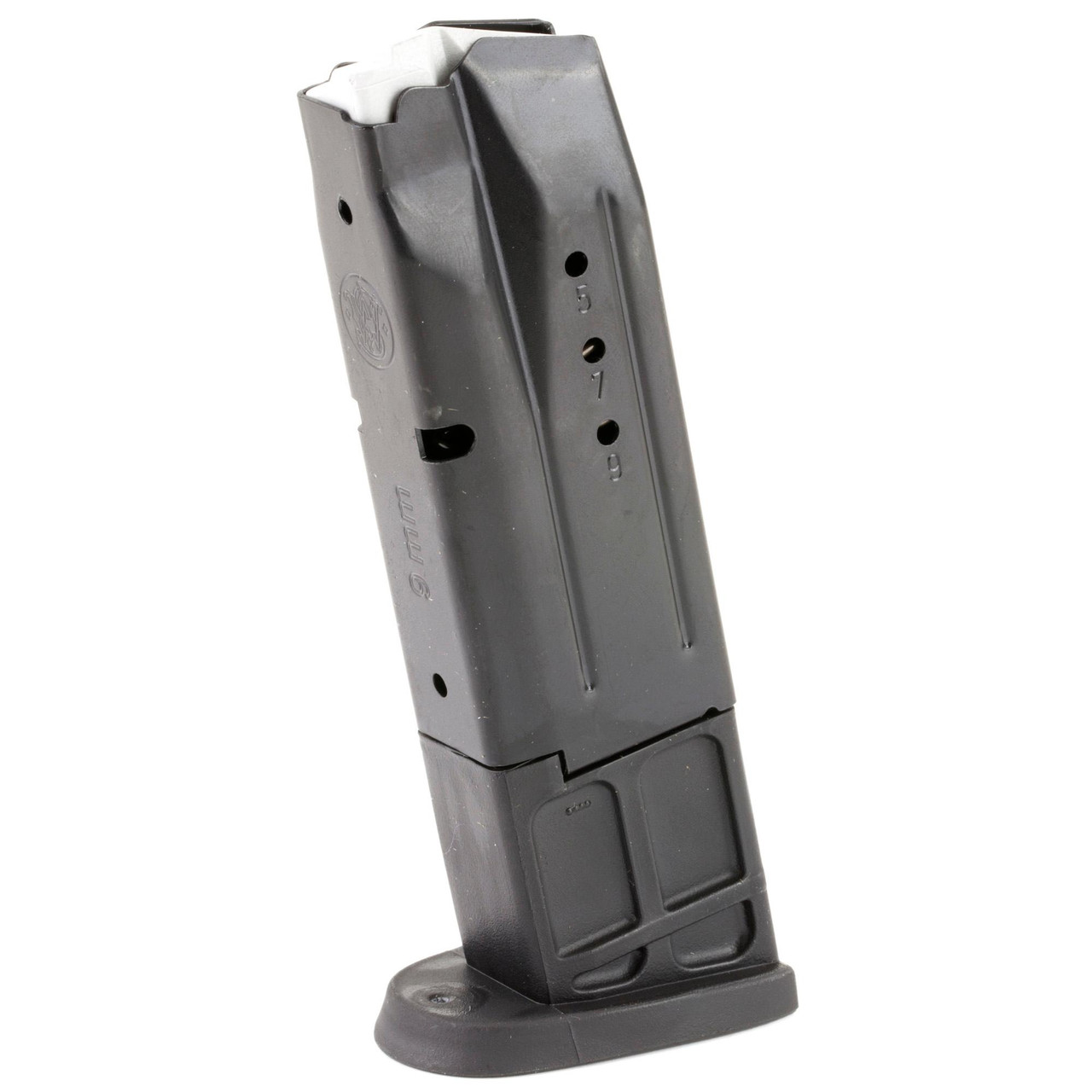 Smith & Wesson 19442 Steel Construction Magazine with Polymer Base Plate & Follower, precision crafted for unmatched performance, shown at an angle highlighting its durable construction and design features.