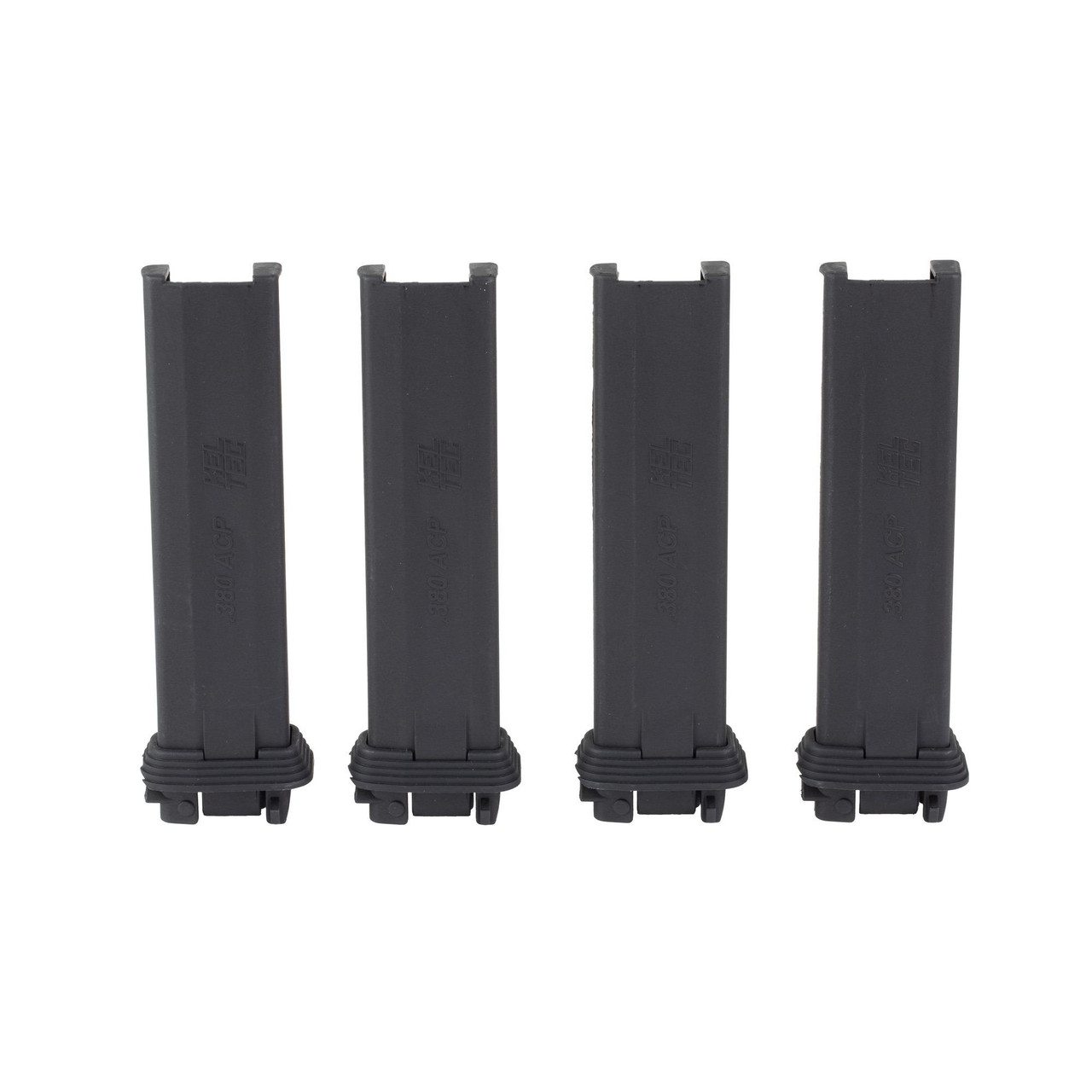 Kel-Tec PR-3AT-1500 Stripper Clips - Quick Reload 10-Round Polymer Magazine Loader, image of four black polymer magazines standing upright side by side.