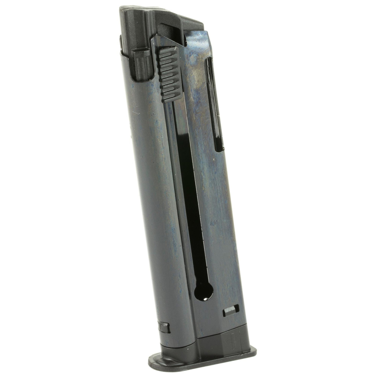 Browning 112055191 Magazine for 1911-22 Pistol - 10 Round Easy Load .22LR Magazine, close-up view of the black metal magazine with a slide and viewing window for ammunition, isolated on white background.