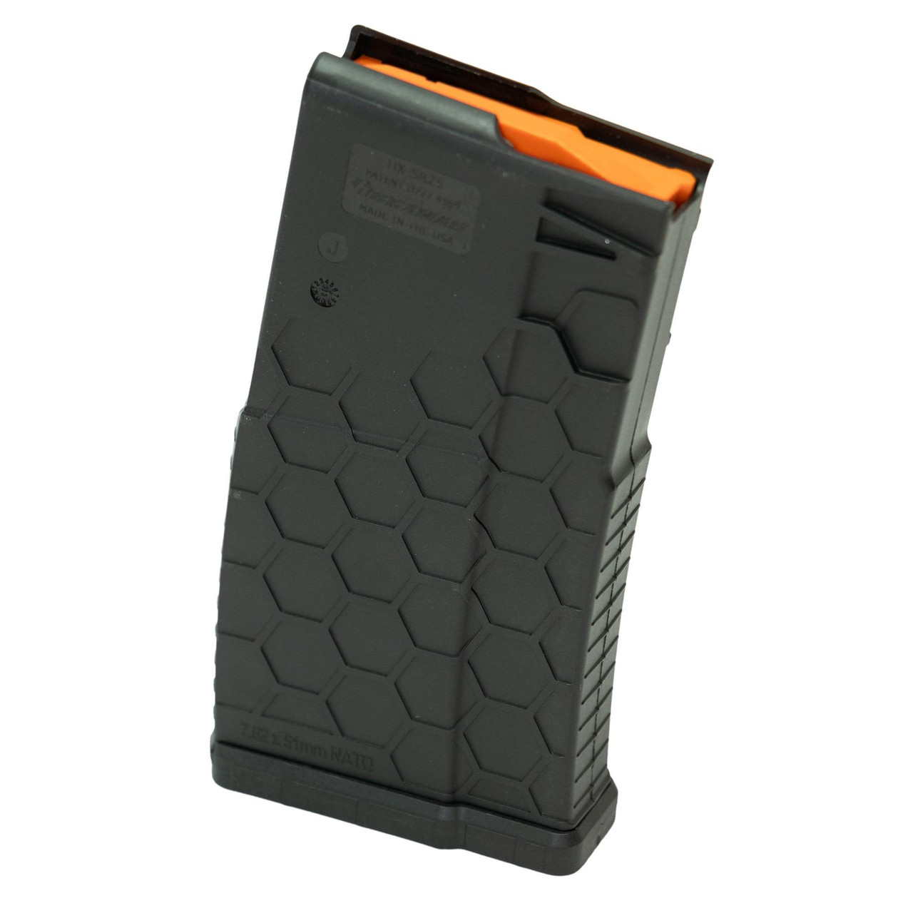 HEXMAG HX1020-SR25-BLK AR10/.308 SR25 Magazine – Heavy-Duty Composite Construction with Hexture Design for Precision Shooting, showing a black magazine with a textured hexagon pattern for enhanced grip.