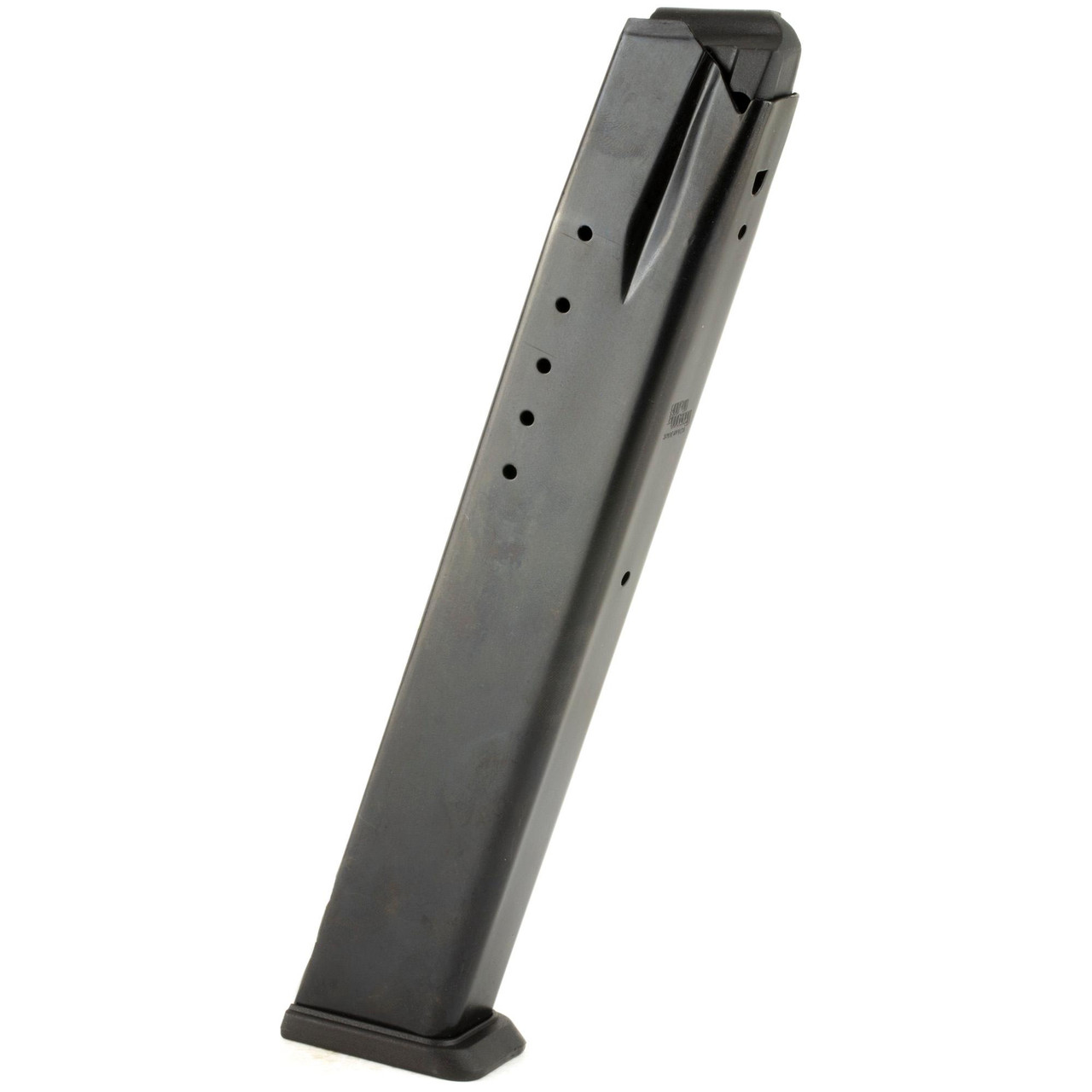 ProMag Industries SPR-A9 25-Round Steel Magazine, durable and USA-made with lifetime guarantee, shown in close-up with a metallic finish and vent hole details.