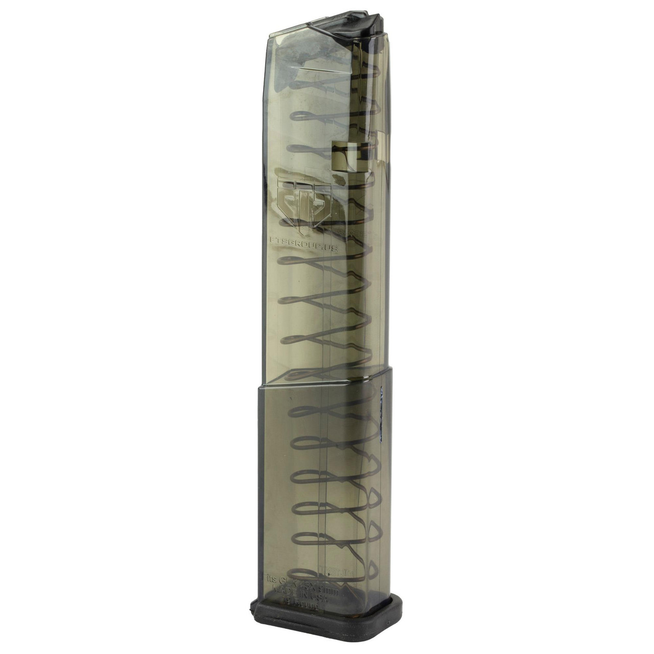 Elite Tactical Systems Group SMK-GLK-43X-19, Durable 19-Round Extended Magazine for Glock 43X & 48 with Non-Tilt, Clear Body, Lifetime Warranty, close-up of the transparent magazine with internal spring mechanism and base plate.