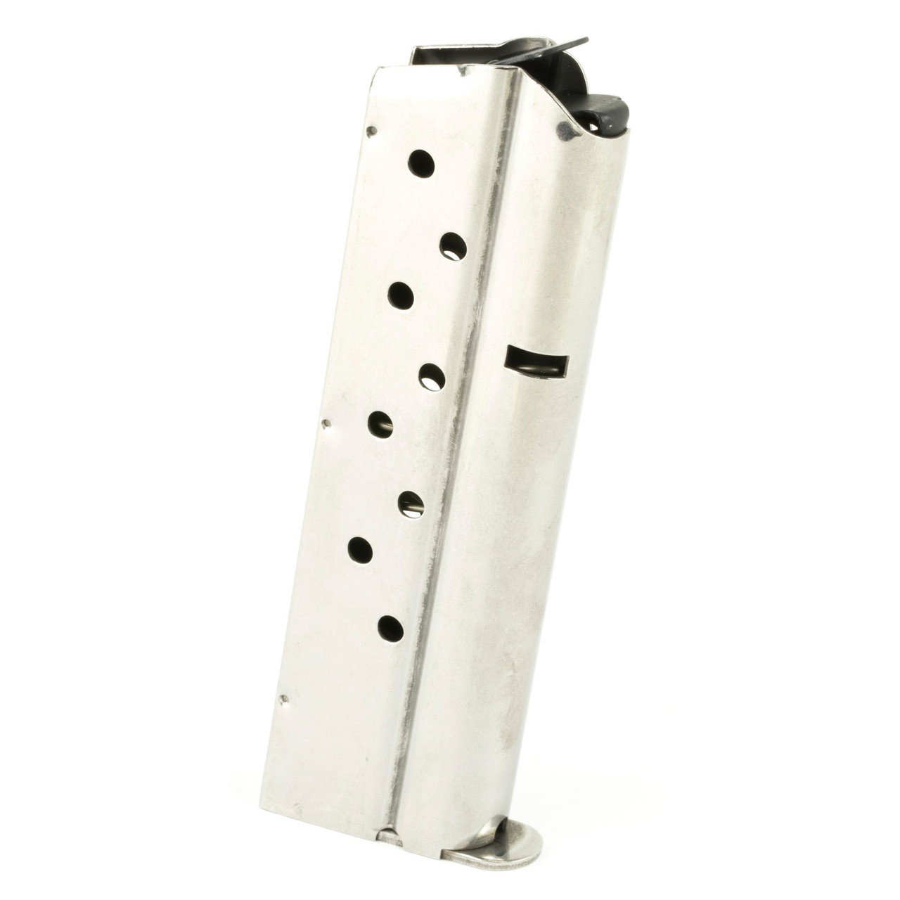Ruger 90600 Steel Body Factory Magazine - 9-Round Capacity, Durable Construction & Reliable Performance, image showing a silver gun magazine with multiple holes for capacity indication and a black top mechanism.
