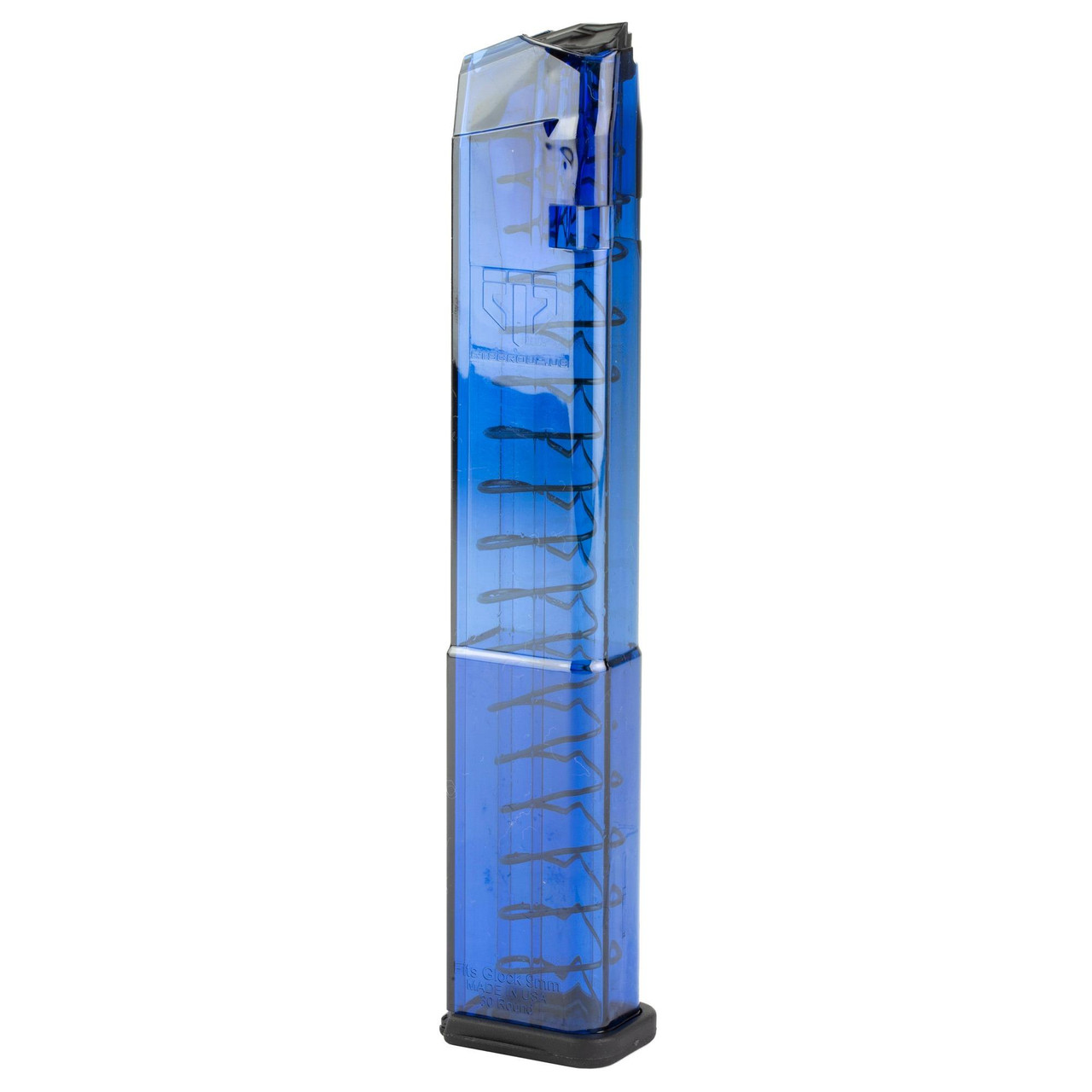 Elite Tactical Systems Group GLK-18G2BLU – 32-Round Blue Magazine for Glock 17/19/26 with Enhanced Feeding Reliability featuring Gen2 Base Plate, shown from side view.