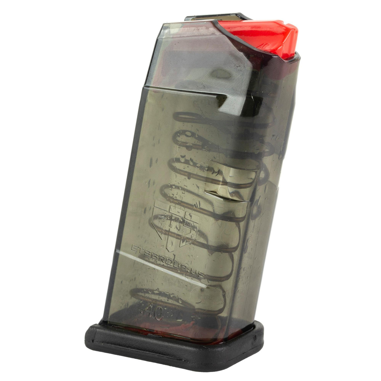 Elite Tactical Systems Group Elite Tactical Systems SMK-GLK-27 Glock 27 Magazine, durable 9-round capacity, UV and chemical resistant, lifetime warranty, shown in semi-transparent gray with red top.