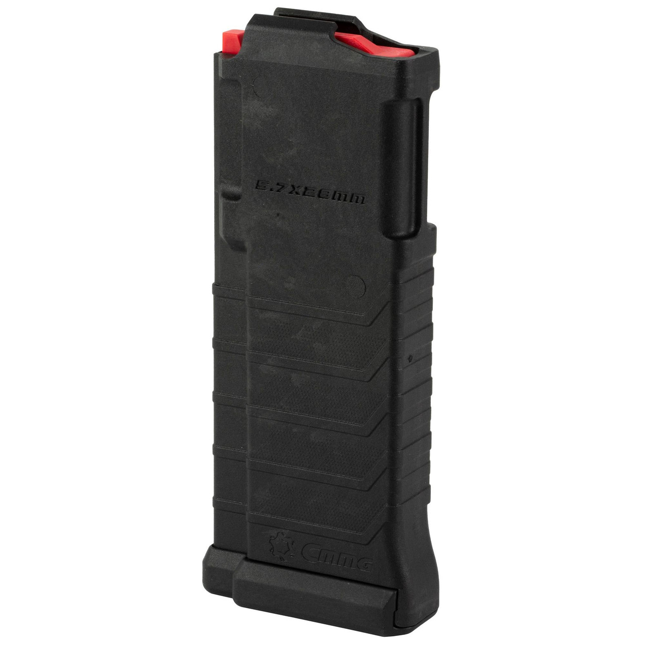 CMMG 54AFCC8 - Premium 5.7 AR Conversion Magazine with Upgraded Feed Lips, 10 & 32 Round Capacity, Perfect for Radial Delayed Blowback Uppers, black magazine with textured grip and red base plate