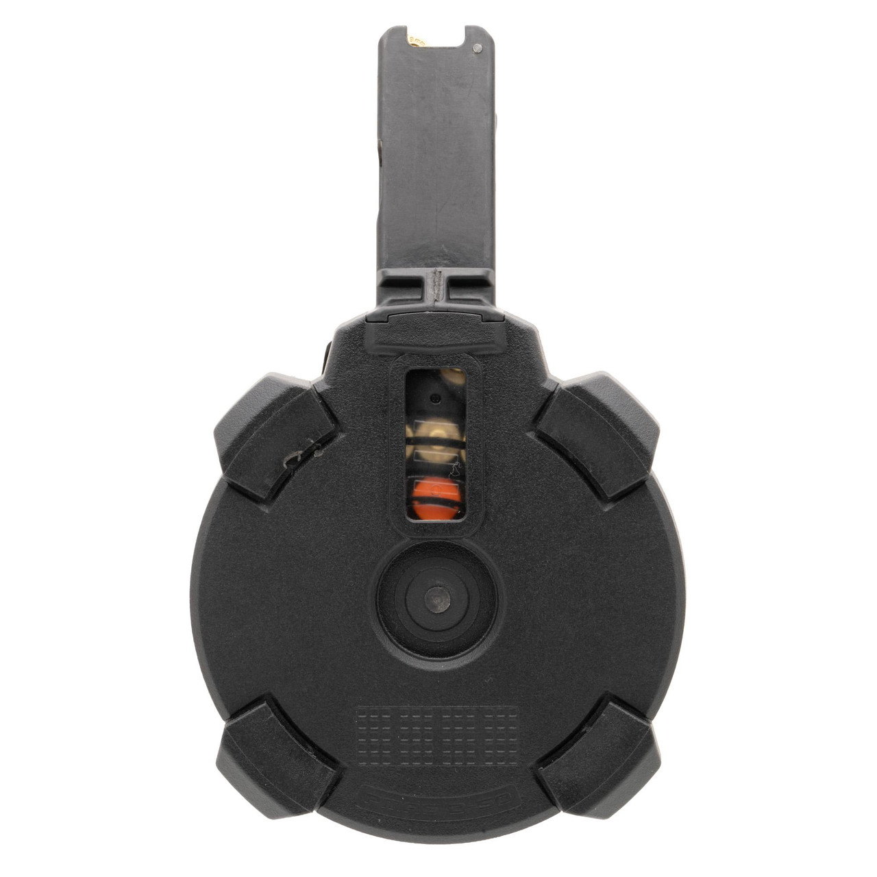 Magpul Industries PMAG D-50 MP Drum Magazine - 50-Round Capacity for HK94/MP5, lightweight and durable with easy loading, shown in black color.