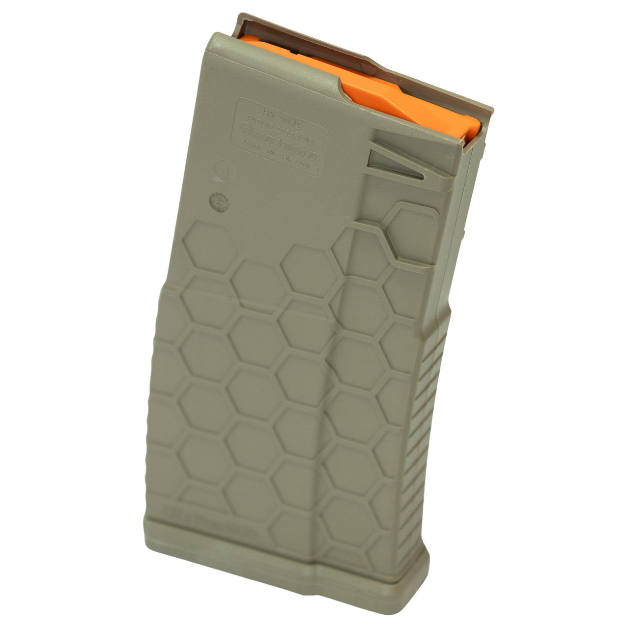 HEXMAG HX20-SR25-FDE AR10/.308 SR25 Magazine - 20-Round Capacity with Durable Hexture Design, olive drab magazine with hexagonal textured surface for enhanced grip.