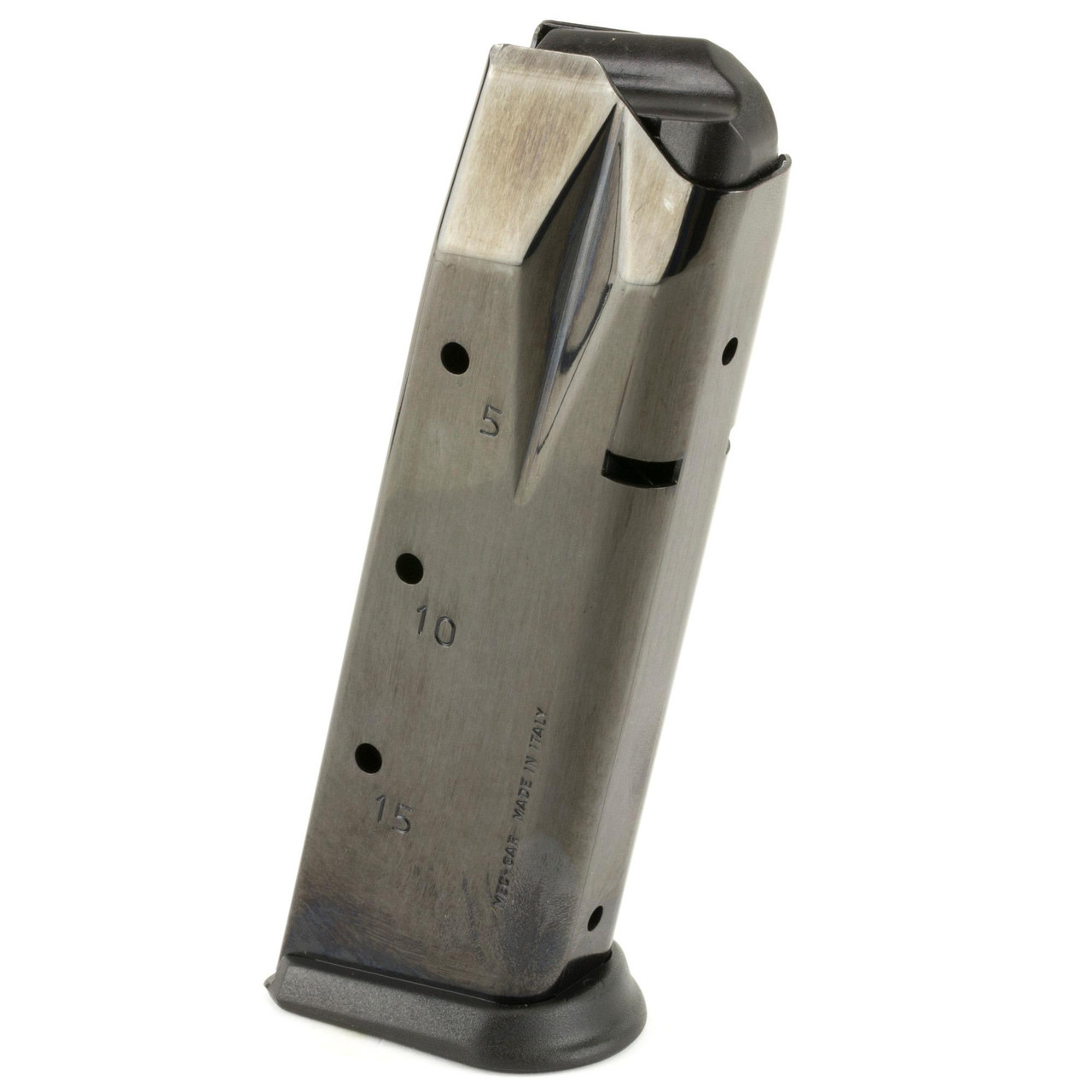 Mec-Gar USA MGP22815B Handgun Magazine, Durable, Reliable & Precision Stamped for Superior Performance, close-up view of the stainless steel magazine with capacity markings and black baseplate.