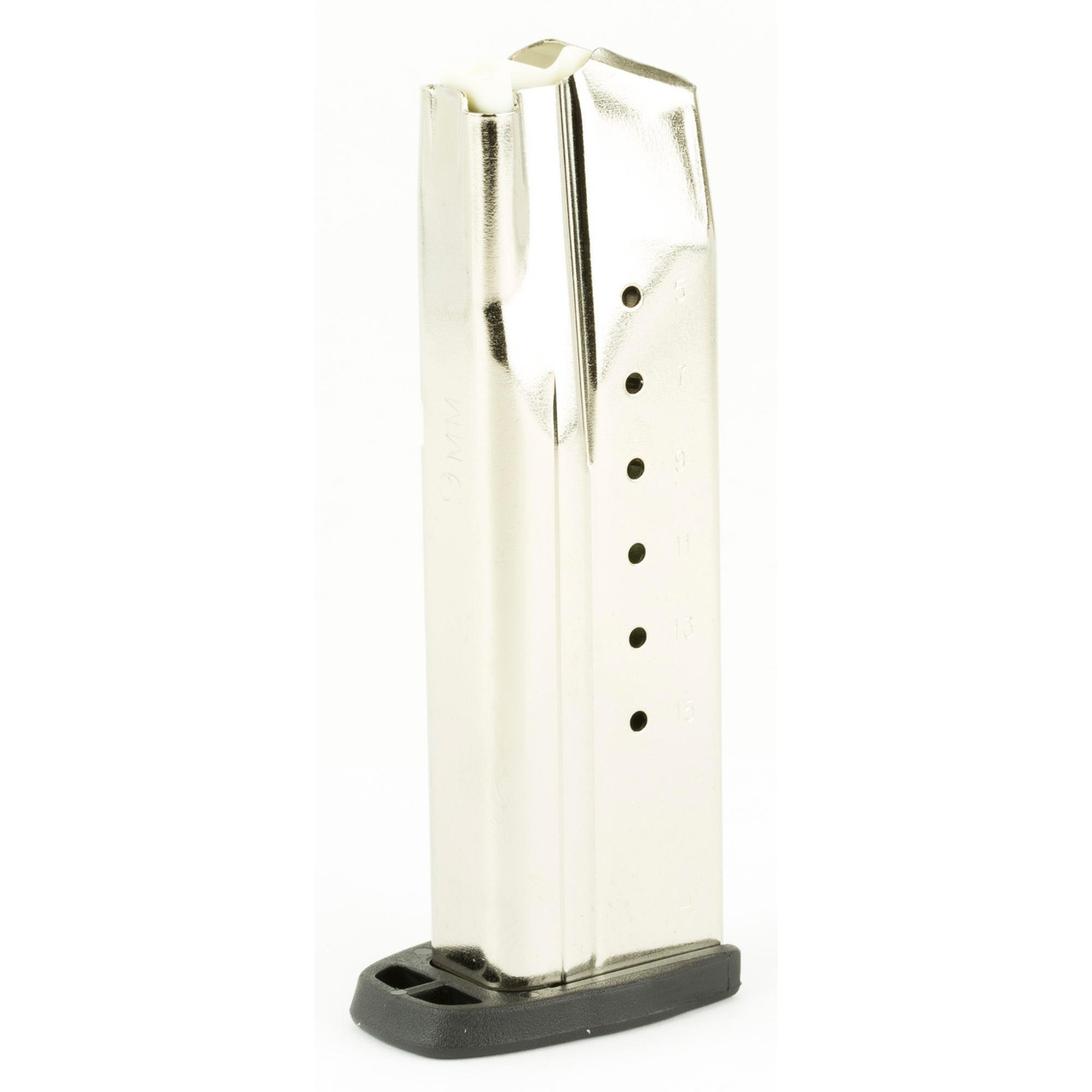 Smith & Wesson 199250000 Magazine, 16-Round Steel Construction for Enhanced Performance, close-up of a stainless steel firearm magazine with capacity markings.